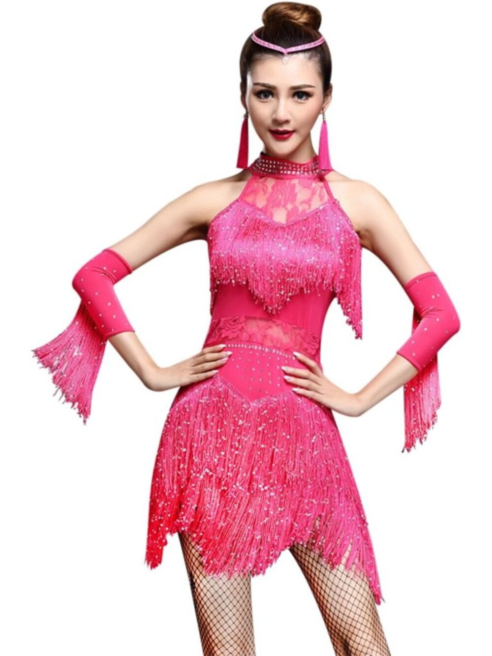 Fuchsia Fringe Latin Ballroom Dance Dress Rhinestone 4pc Competition Set Sz M-L